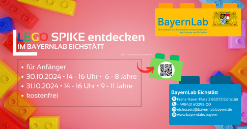 Poster mit Ankündigung von Terminen für einen Workshop mit Lego Spike Essential für Kinder im BayernLab Eichstätt am 30.10.2024 um 14-16.Uhr für  die Altersgruppe von 6-8 Jahren und am 31.10.2024 14-16 Uhr für die Altersgruppe von 9-11 Jahren

Meldet Euch noch heute über eveeno an! 🗓 https://eveeno.com/578071902